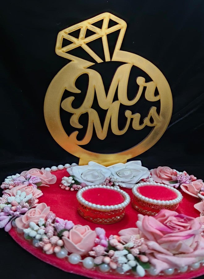 Mridang Handmade Mr. & Mrs. Engagement Ring Tray Holder Platter with Beautiful Floral Work(Anniversary/Engagement/Wedding Ring Platter/Decorative Tray/Marriage Decor) - Image 2